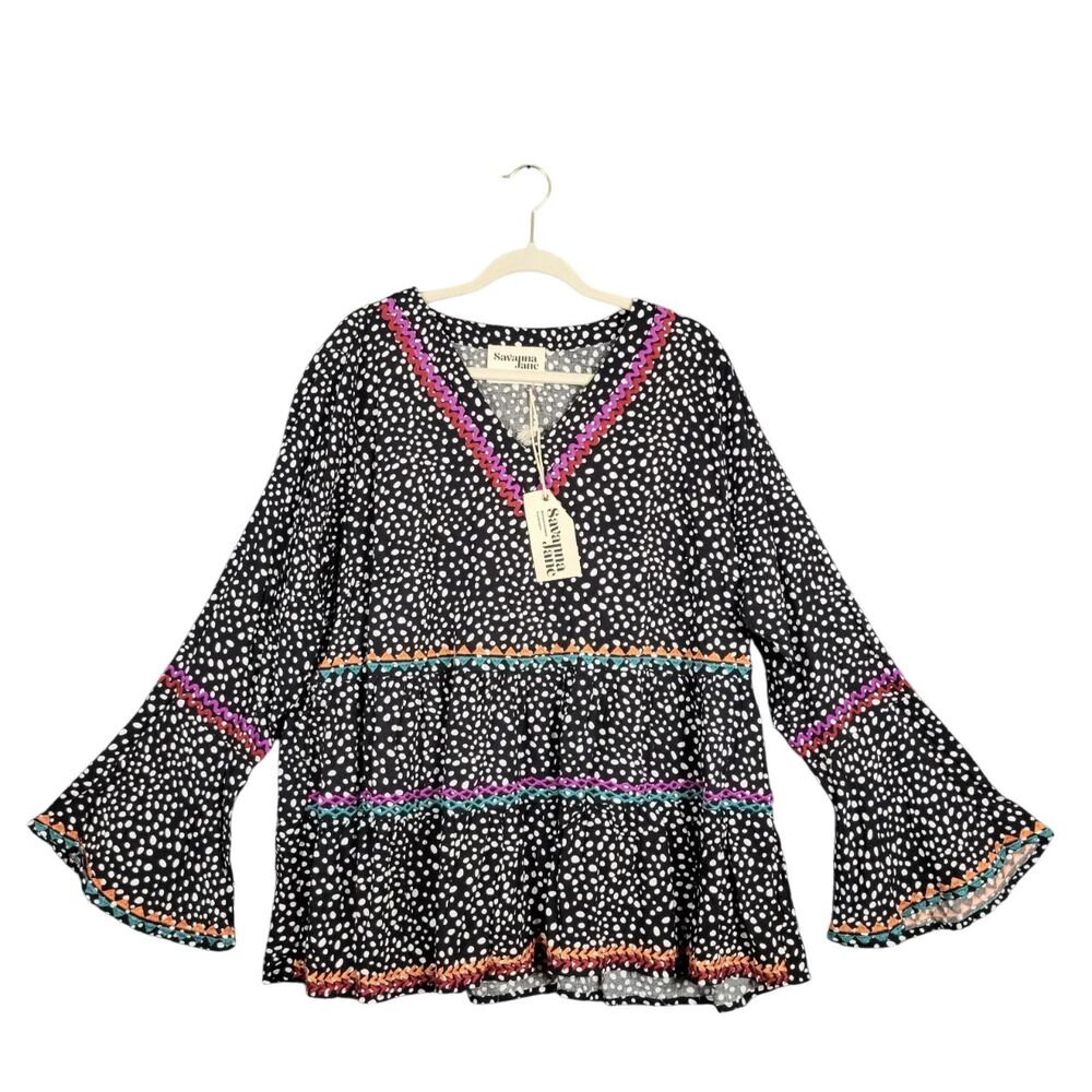 NWT SAVANNA JANE Black Polka Dot Embroidered Tiered Bell Sleeve Boho Top SIZE 1X